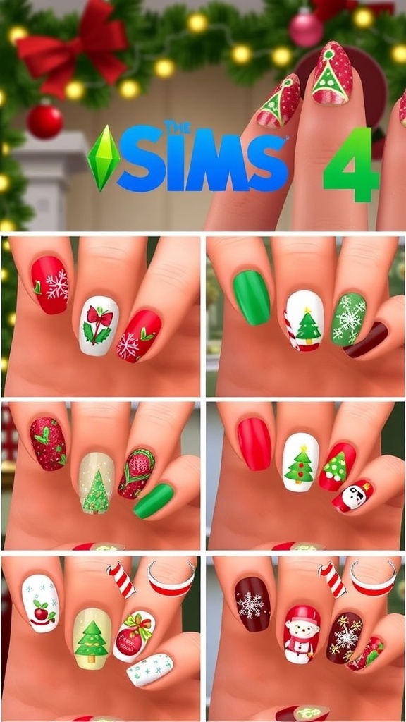 The Sims 4 Custom Content Christmas Nails A collection of Christmas-themed nail designs for The Sims 4, showcasing festive colors and patterns.